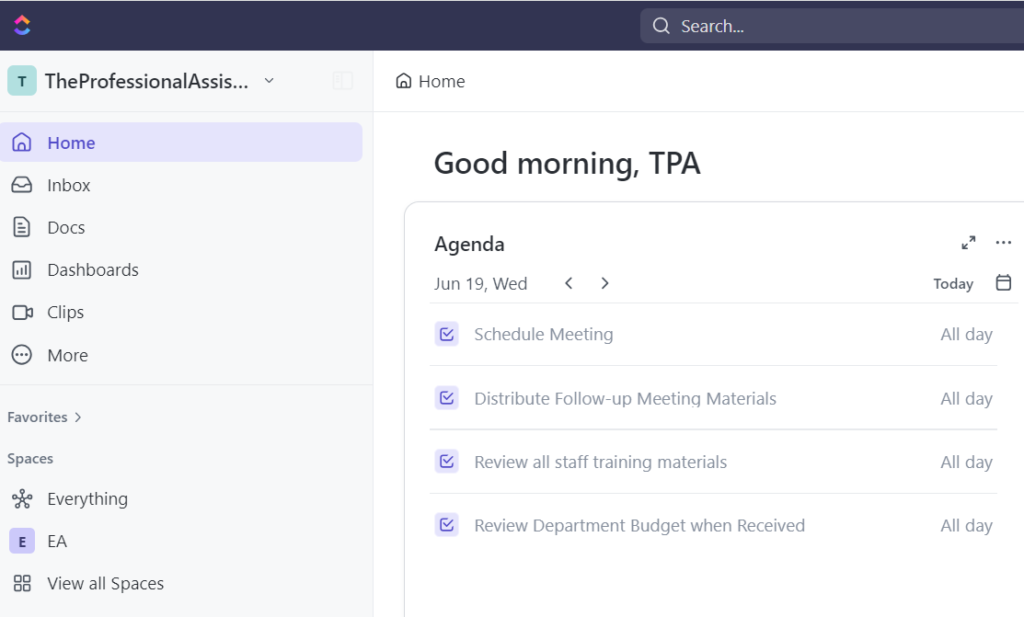 Clickup task Management agenda page